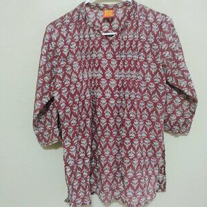 Cotton Cottage Global Block Print Tunic Top M Red White India Cotton